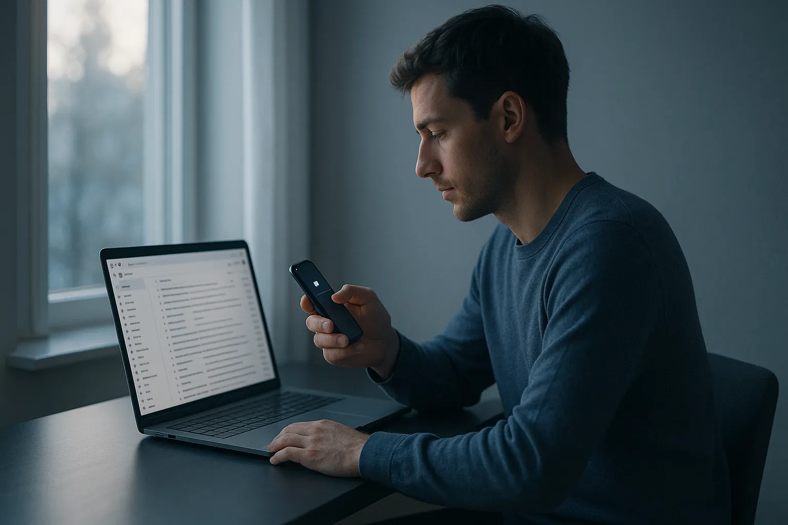 A person at a minimalist desk glancing at a phone notification while a laptop shows an email inbox in soft morning light