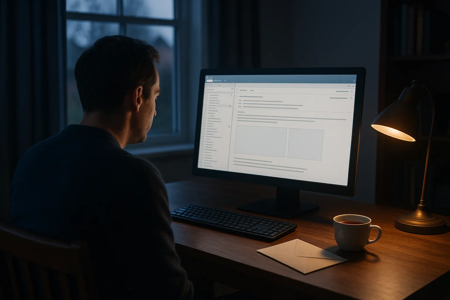 Person at a home office desk in the evening reading email in a three pane desktop mail client with blocked images shown as empty boxes, illustrating Thunderbird read receipts and remote content blocking