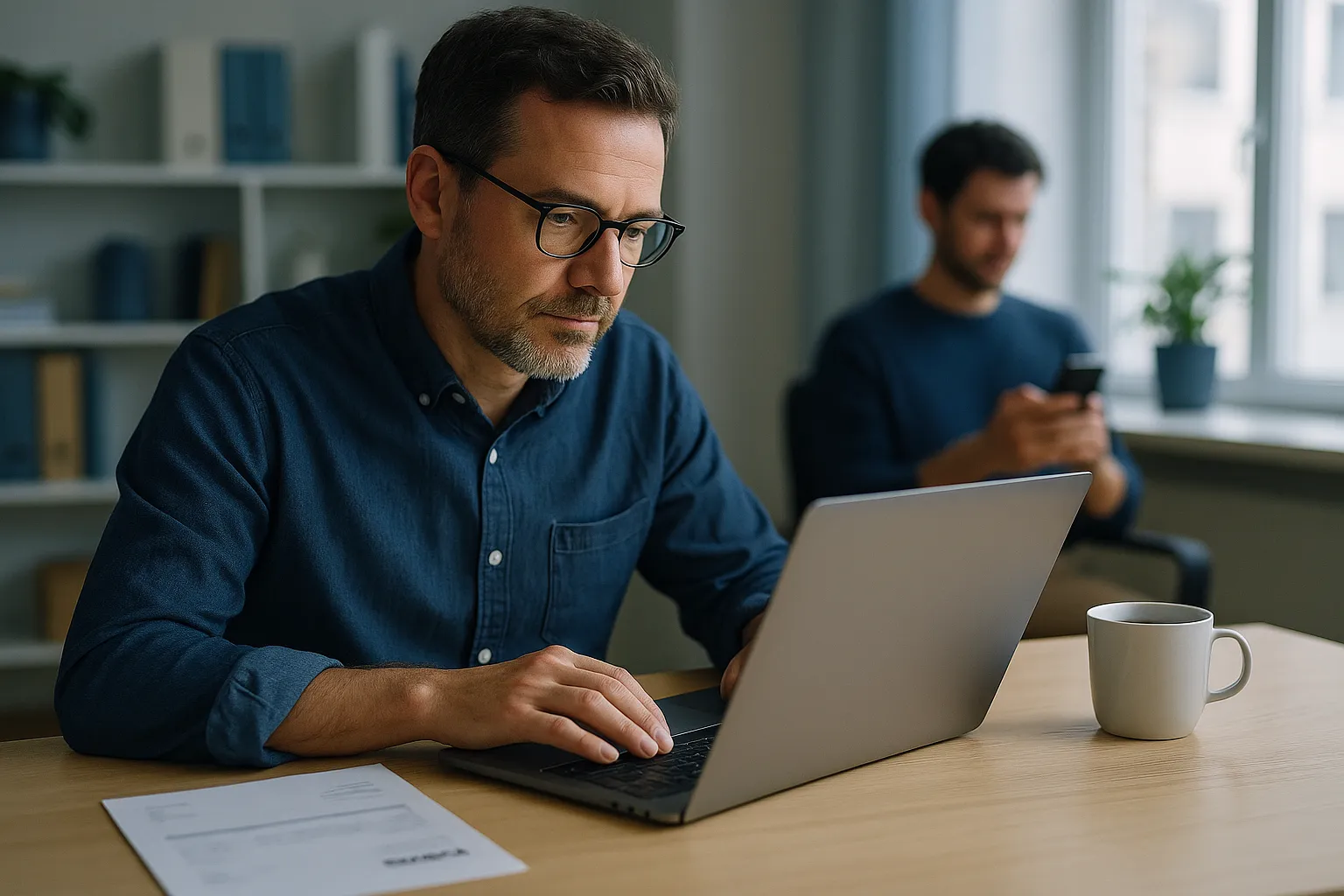 Small business owner reading email on a laptop at a bright office desk, illustrating how Titan Mail read receipts notify senders when you open their email