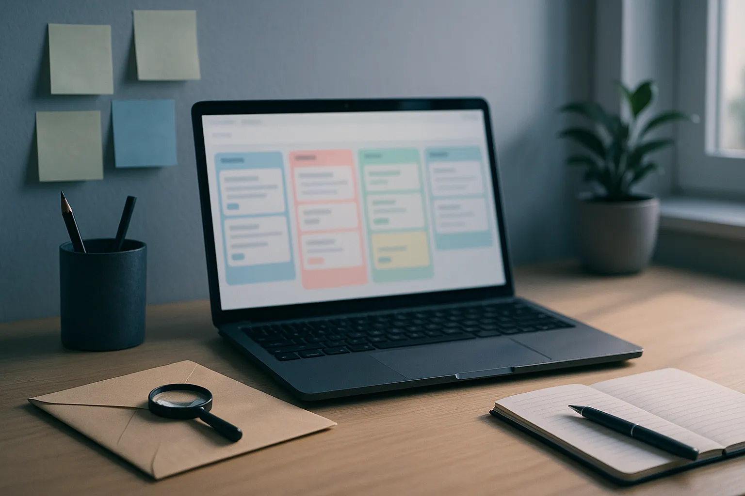 A home office desk in morning light with a laptop showing a blurred kanban board of colored cards, a paper envelope and a magnifying glass beside it