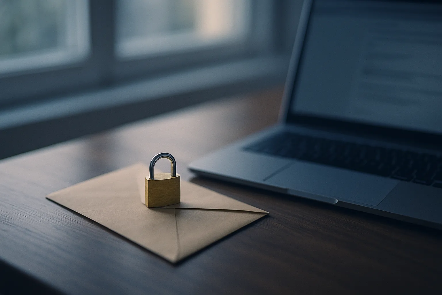 Sealed envelope with a small brass padlock on a wooden desk beside an open laptop in soft window light, illustrating Tuta read receipts and blocked email tracking