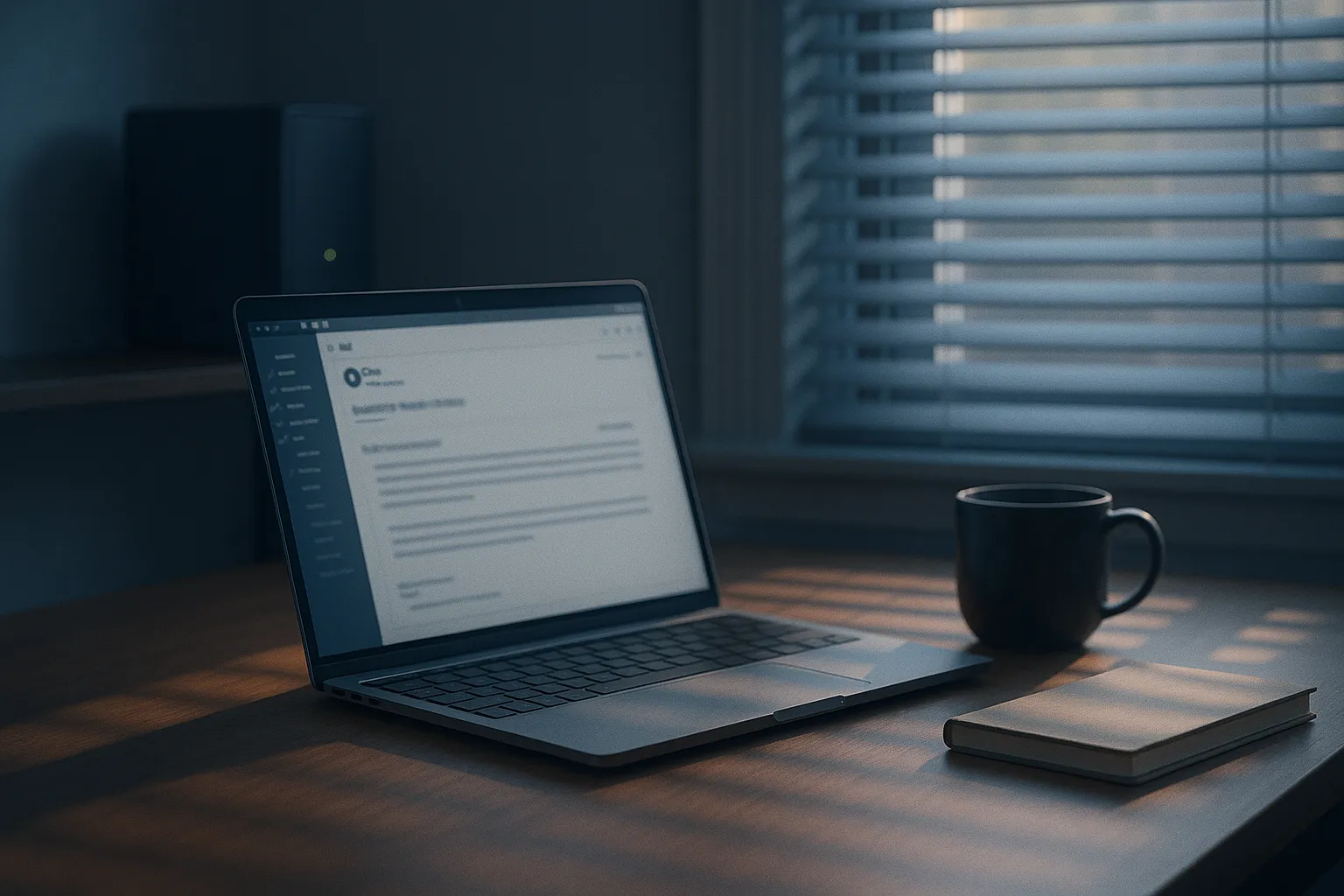 An editorial photograph of a laptop on a home office desk in early morning light, showing a blurred business email, with a small server on a shelf behind it