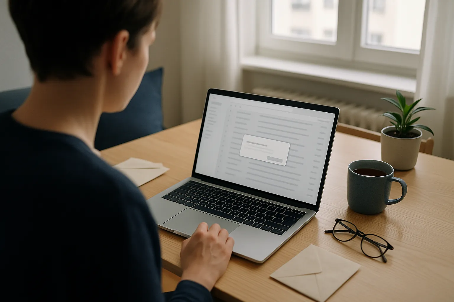 Person at a wooden kitchen table in daylight reading email on a laptop with a small dialog box open, next to envelopes, reading glasses and a mug of tea, illustrating a WEB.DE read receipt request