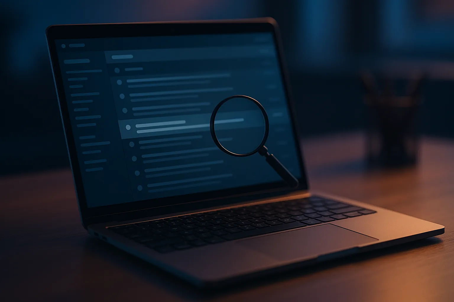 Open laptop on a desk showing an email client with a magnifying glass overlay suggesting email surveillance tracking