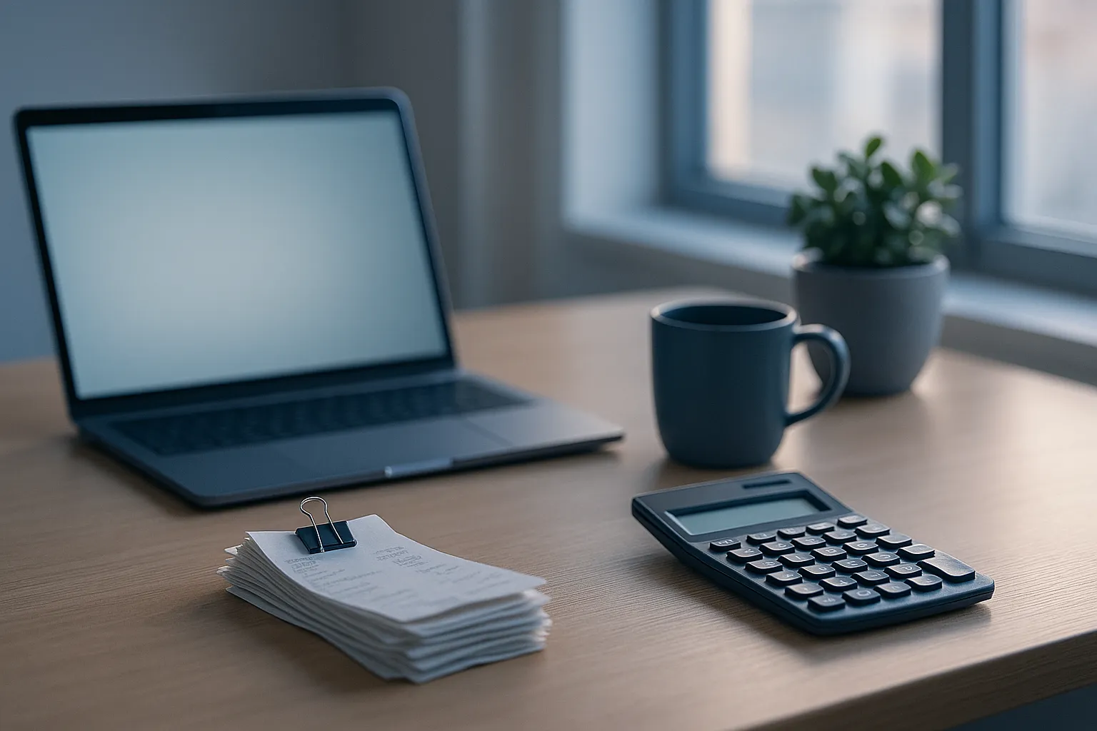 A tidy home office desk with an open laptop, a desk calculator and a cup of coffee in soft morning daylight