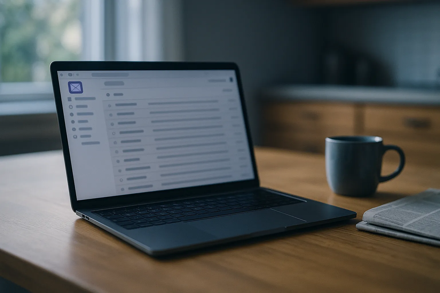 Laptop on a wooden kitchen table in morning light showing a generic webmail inbox with a purple envelope icon, next to a coffee mug and a newspaper, illustrating Yahoo Mail read receipts and email tracking