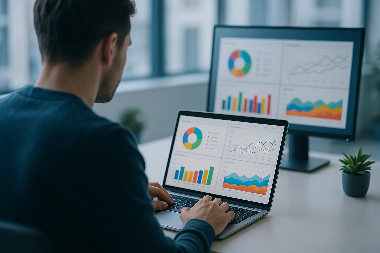 Over the shoulder view of a person working at a laptop in a bright modern office, a second monitor softly out of focus showing a colorful analytics dashboard, clean desk with a small plant, indigo and deep blue ambient color grading