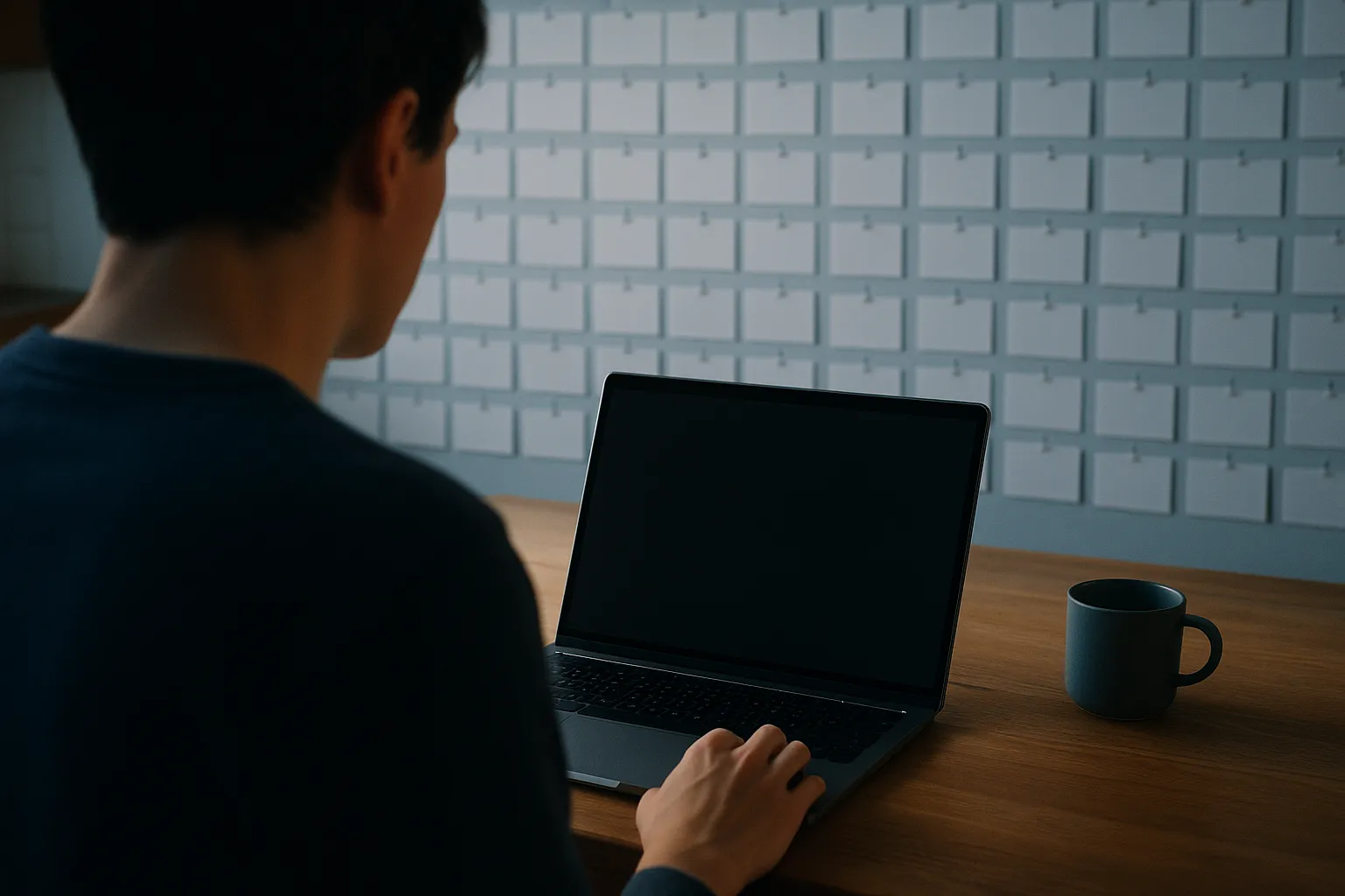 A person reading a marketing email on a laptop at a kitchen table in morning light, with a wall of densely pinned blank index cards blurred in the background suggesting a vast file of individual consumer records