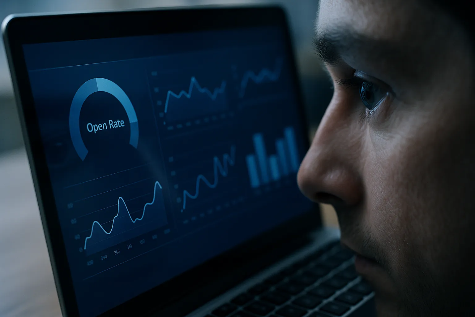 Close-up of a person's eye reflected in a laptop screen showing email analytics dashboard with open rate charts
