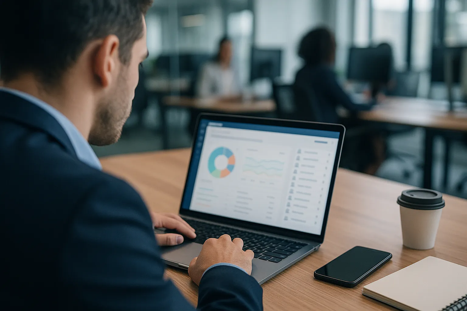 A salesperson at a desk in an open plan office reviewing a customer relationship dashboard on a laptop, indigo and blue tones, representing Zoho CRM email tracking
