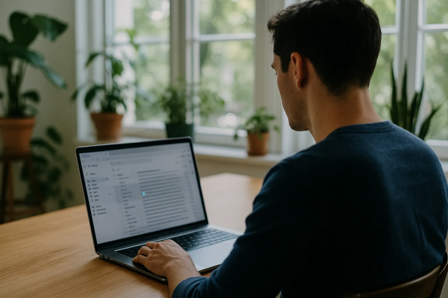 Person reading email on a laptop at a wooden desk in a bright home office with plants, a faint glowing blue dot reflected on the screen suggesting an invisible tracking pixel, illustrating Zoho Mail read receipts and email tracking