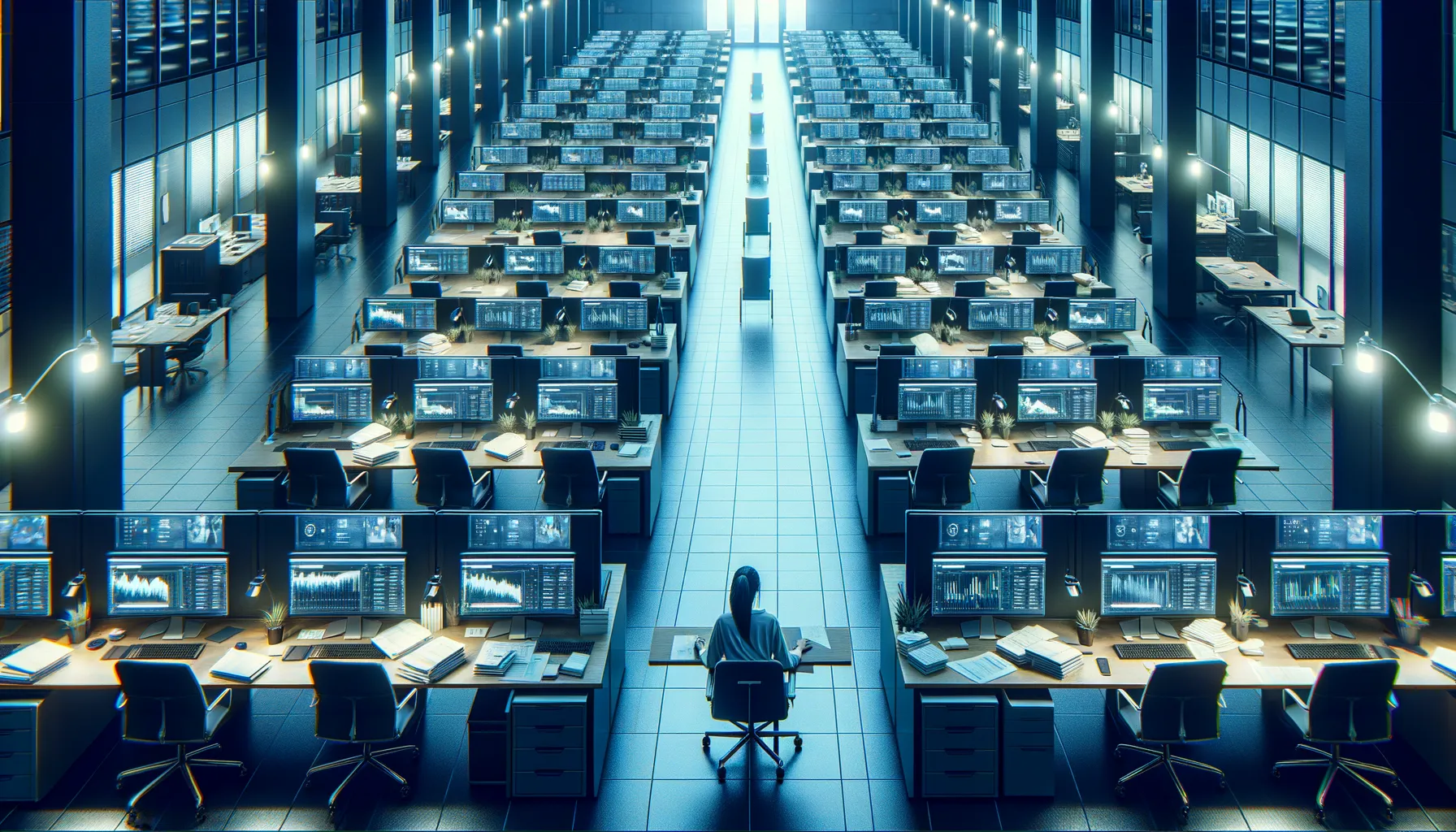 Nearly empty corporate office floor with a single worker surrounded by screens and documents