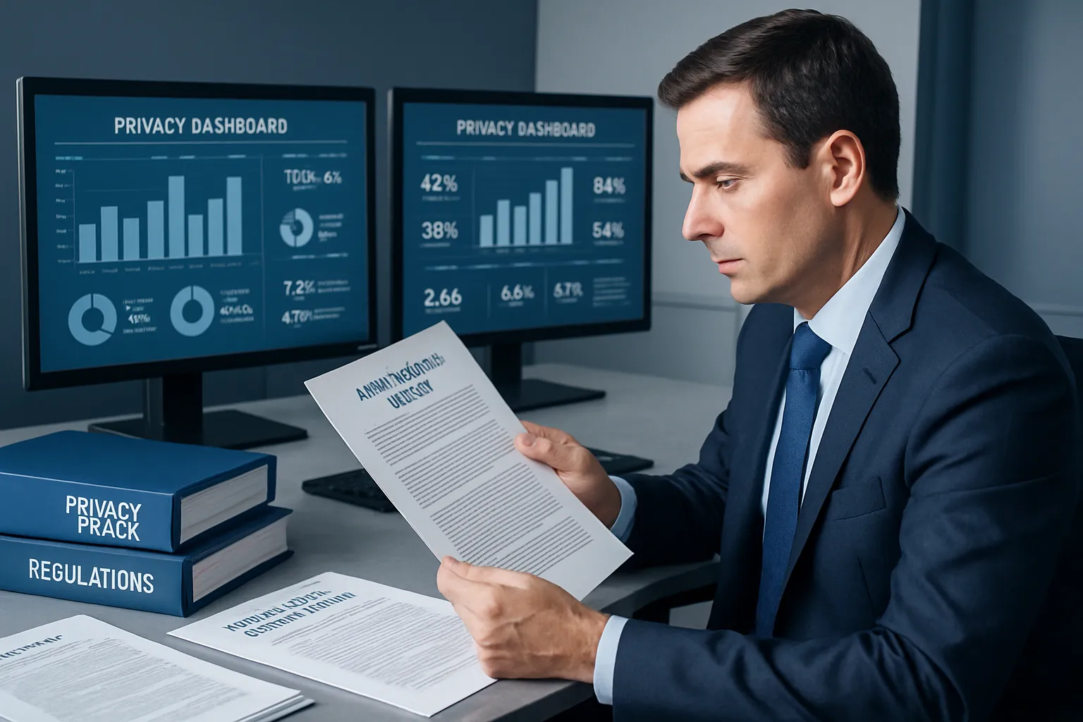 Privacy compliance professional reviewing annual survey report on corporate desk with privacy dashboards and statistics on monitors, indigo and blue tones, photorealistic