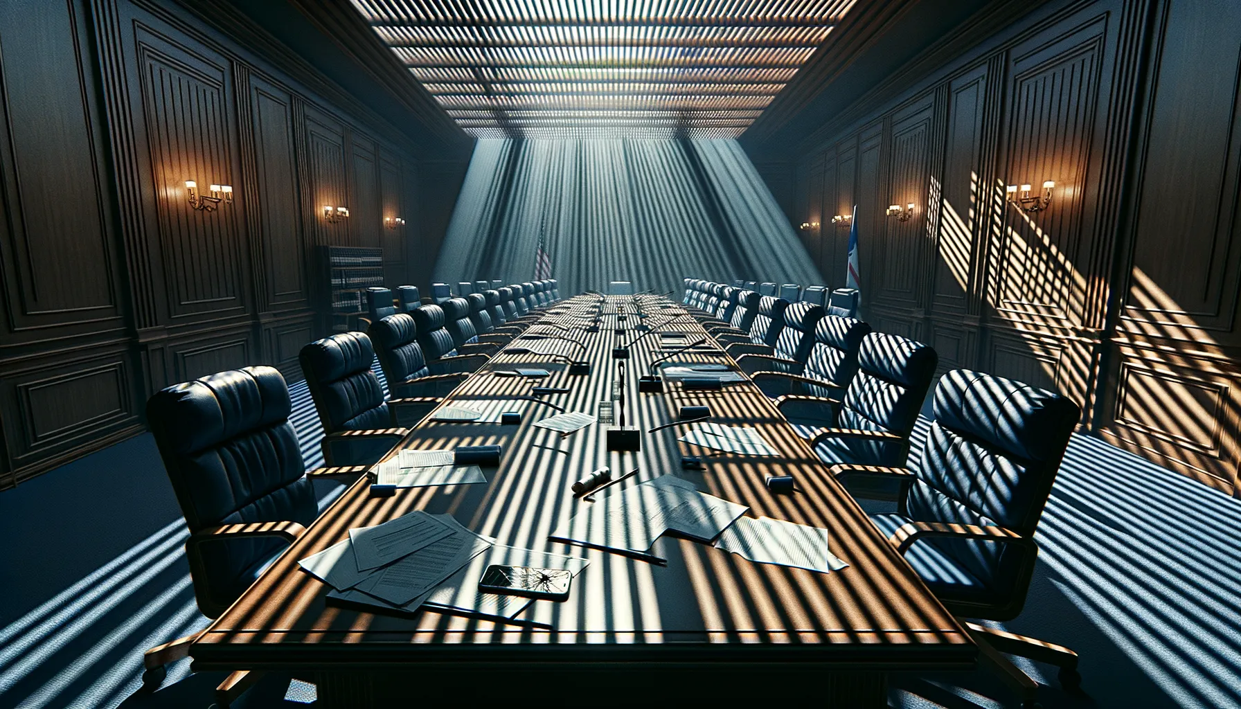 Empty government investigation room with scattered documents and abandoned chairs
