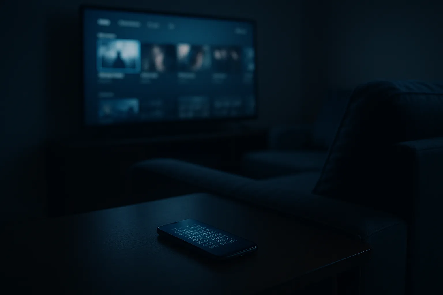 A dim living room lit by a smart TV showing a generic streaming interface, a smartphone on the coffee table glowing softly, representing a piracy app that quietly harvested authentication credentials from legitimate streaming accounts
