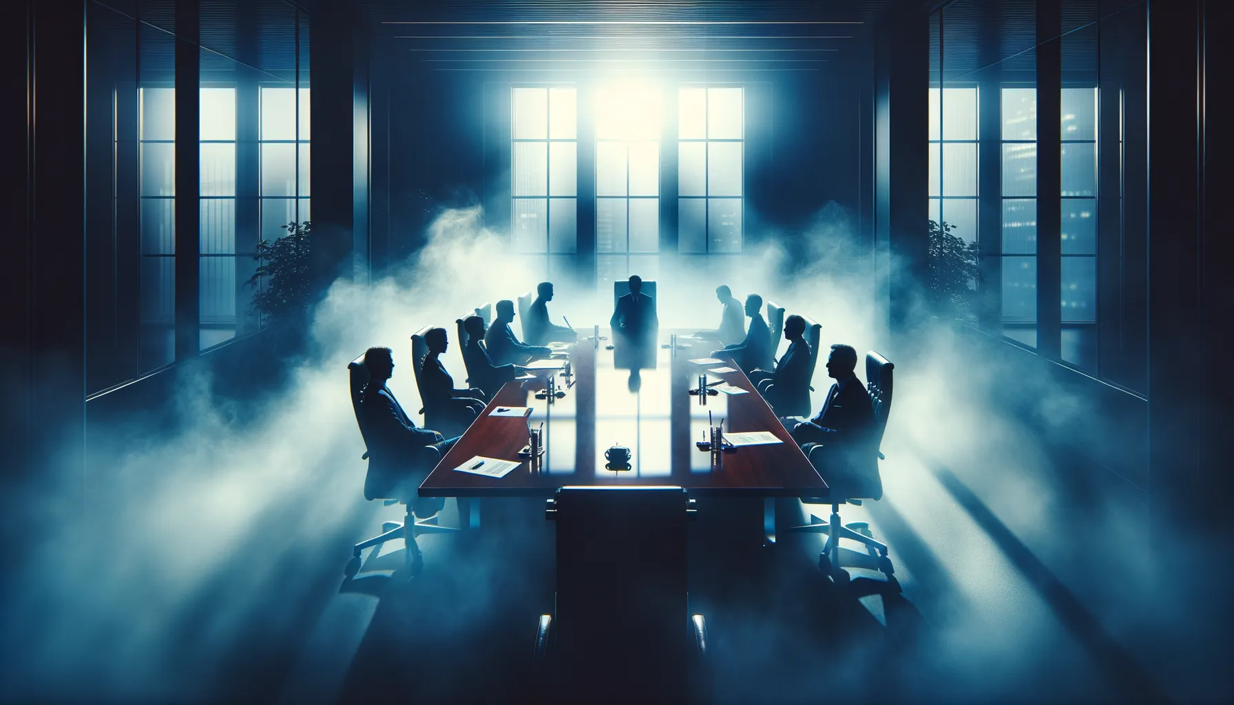 Corporate boardroom shrouded in fog with shadowy executives representing lack of data breach transparency