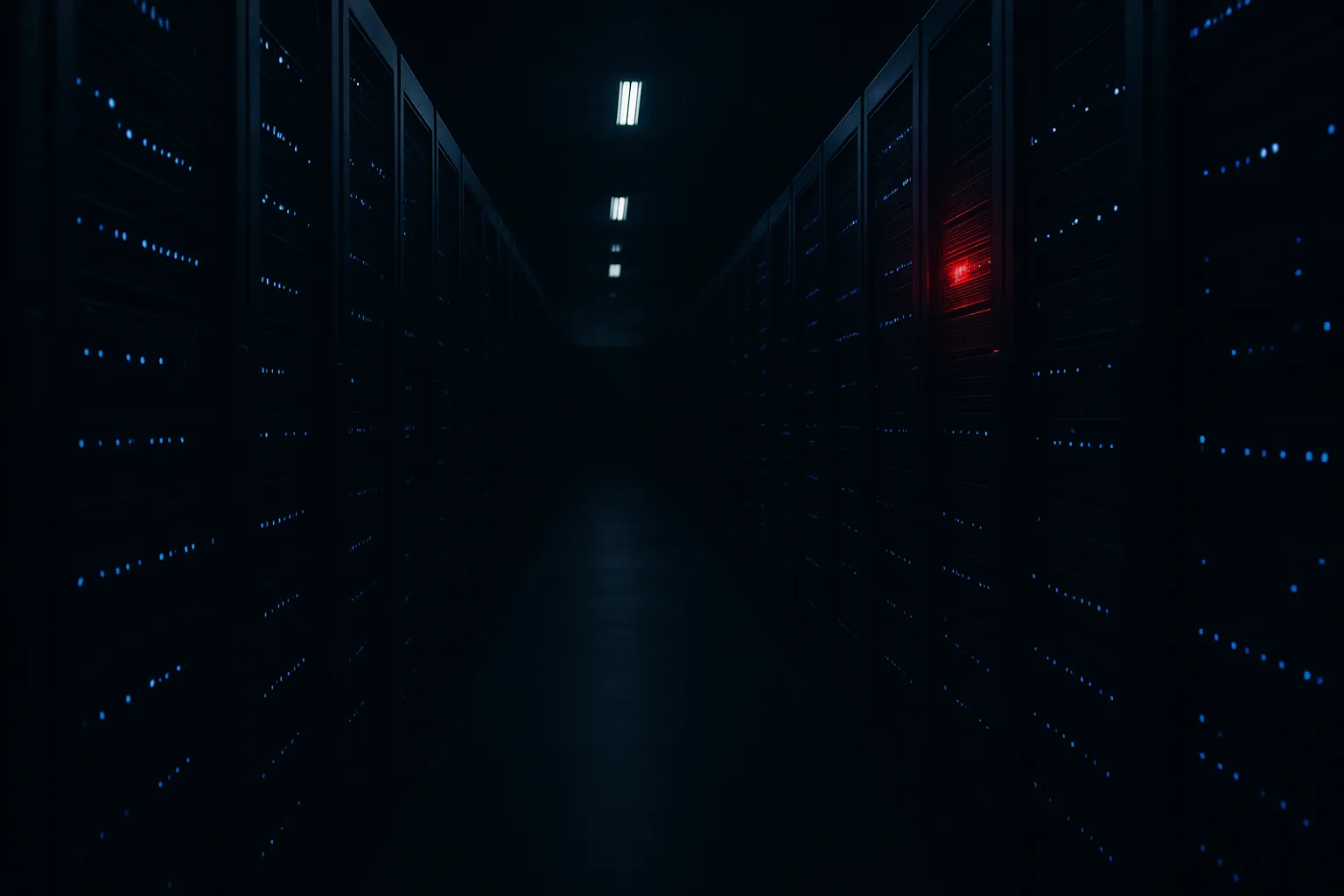 A dark data center server aisle with one rack glowing with a red warning light among blue equipment LEDs, representing an autonomous AI ransomware attack