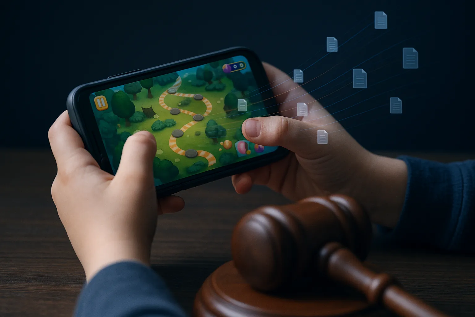 A smartphone displaying a colorful mobile game surrounded by semi-transparent data flow symbols and a legal gavel, depicted in indigo and blue tones against a dark background, illustrating children's data privacy enforcement