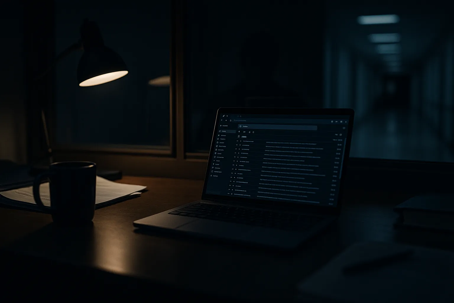 Laptop showing a webmail inbox on a dim office desk at night, with a faint second reflection visible in the dark window behind it