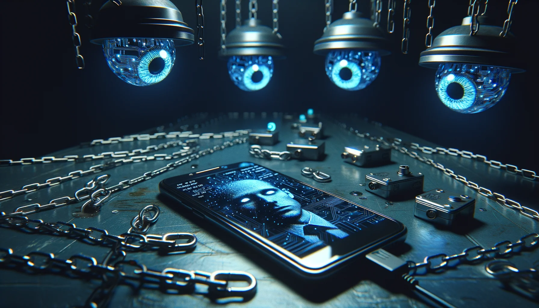 Smartphone with digital chains and surveillance eyes representing government phone hacking