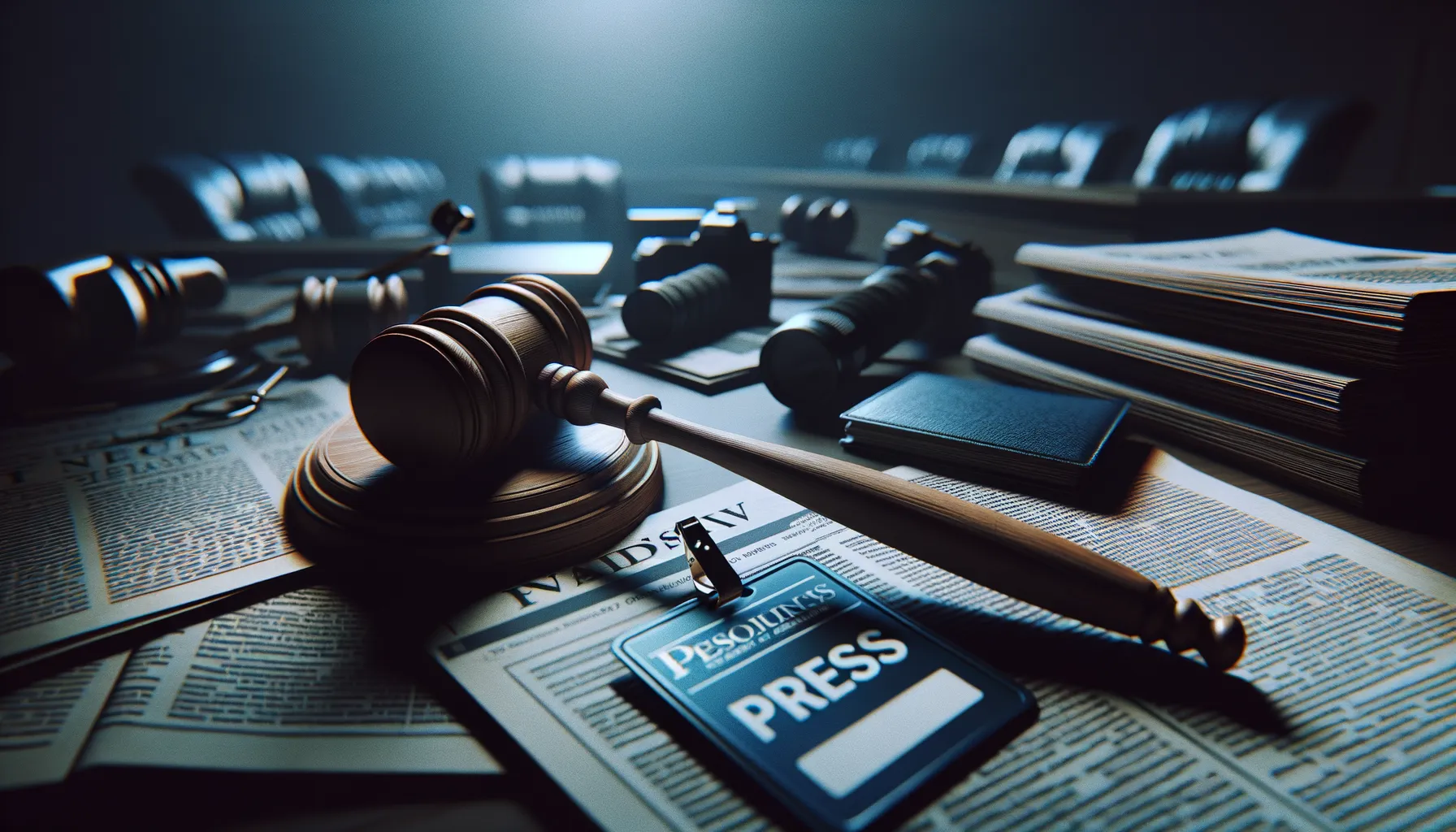 A courtroom gavel resting on a desk next to a press badge, symbolizing judicial oversight of press freedom cases
