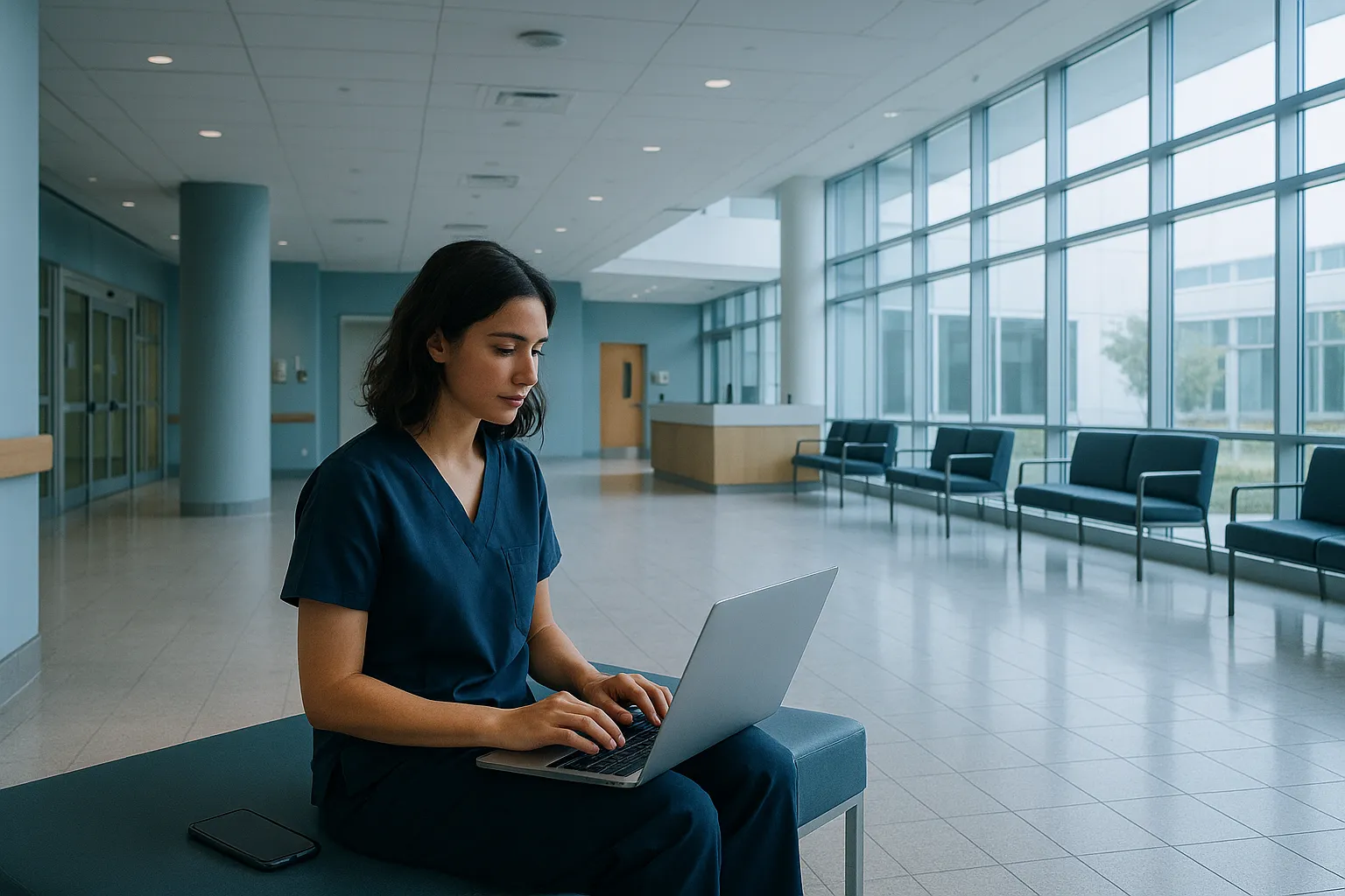 A patient sitting in a modern hospital waiting area using a laptop, soft natural light through large windows