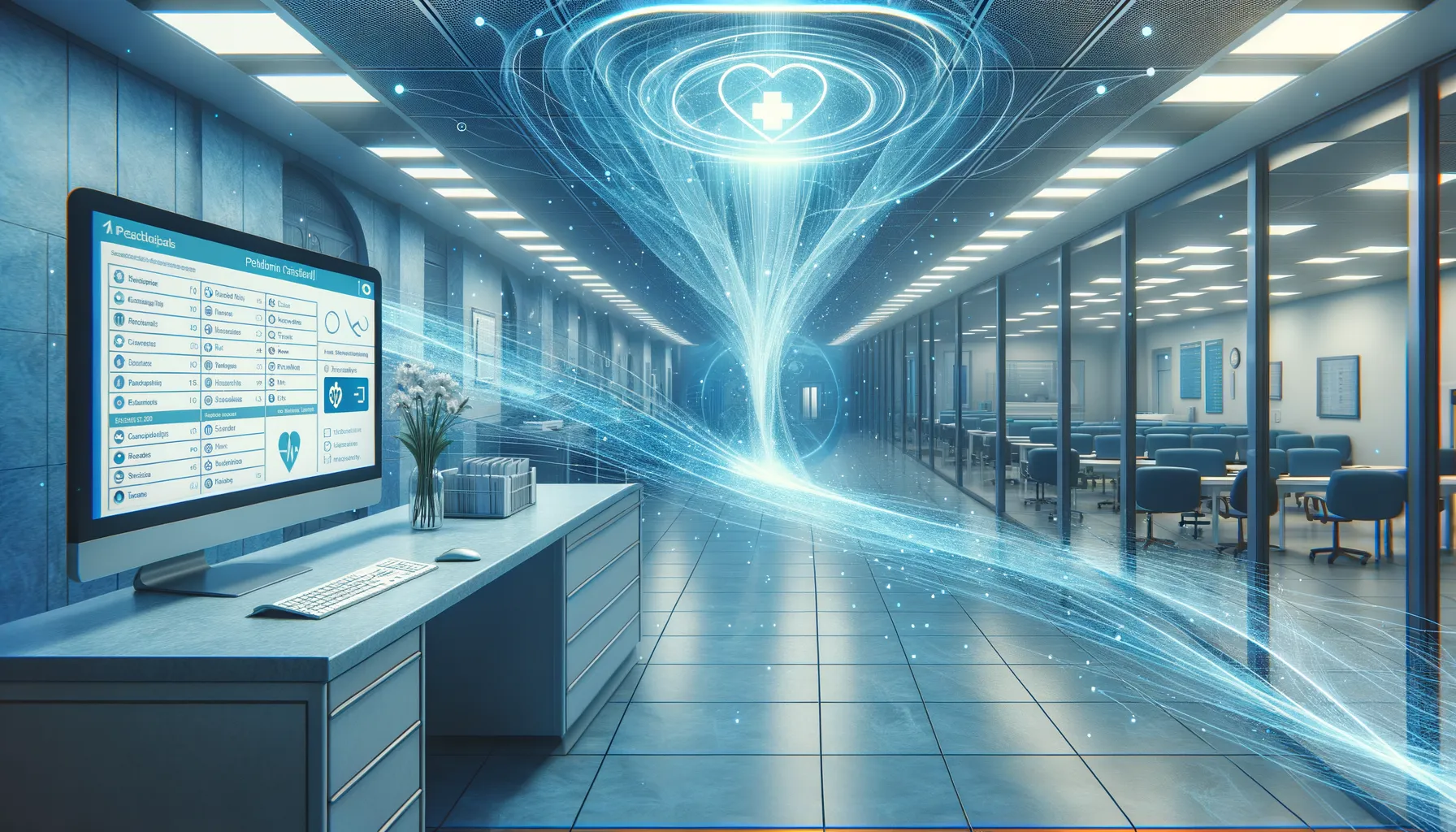 Hospital hallway with digital data streams flowing from patient records toward corporate tech logos, representing health data leaking through tracking pixels