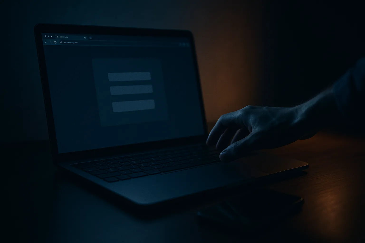 A dim desk with an open laptop showing a generic sign in screen and a smartphone beside it, with a faint hand reaching toward the keyboard, representing a device code phishing attack against a Microsoft 365 account