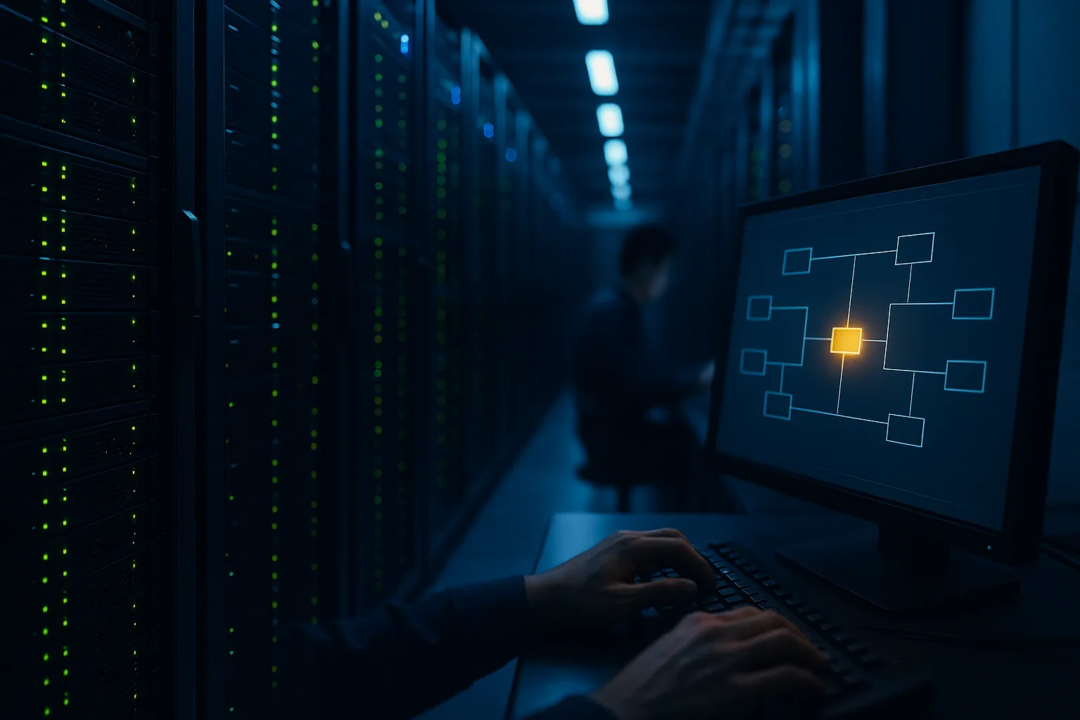 A server room in Japan with warning indicators on a network monitoring display, representing the KDDI email infrastructure breach