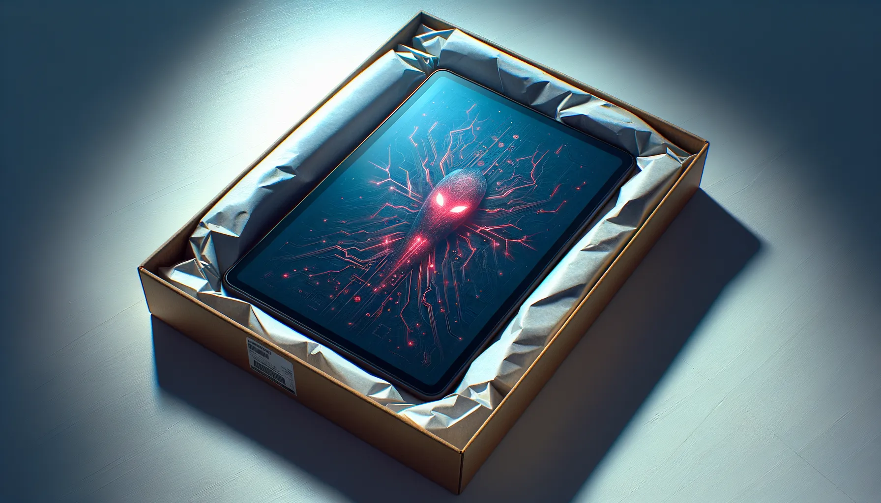 A brand new Android tablet being unboxed from packaging on a clean desk with subtle red warning indicators on the screen