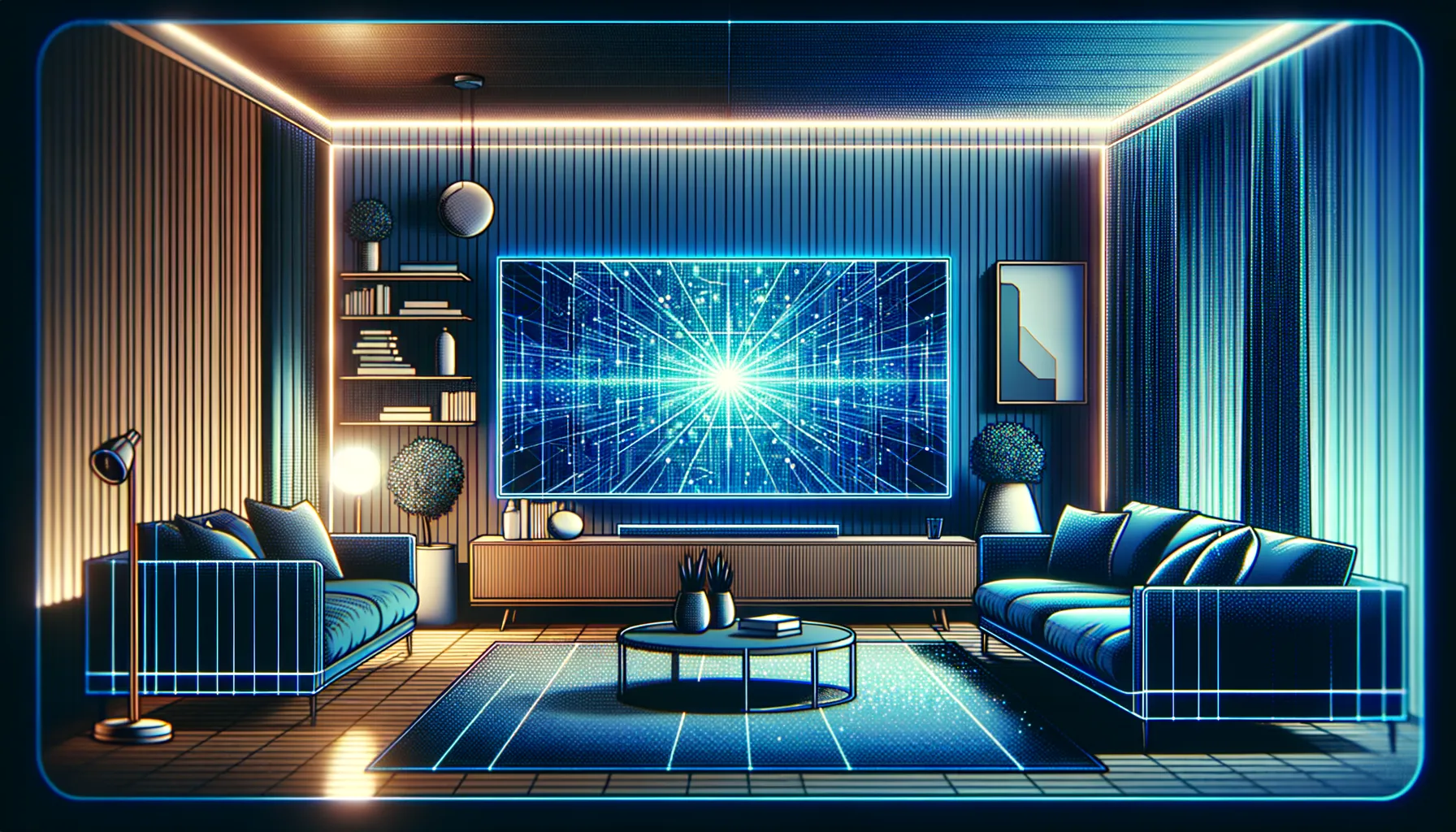 Modern living room with a large smart TV screen displaying subtle visual pattern recognition overlay suggesting automated content analysis