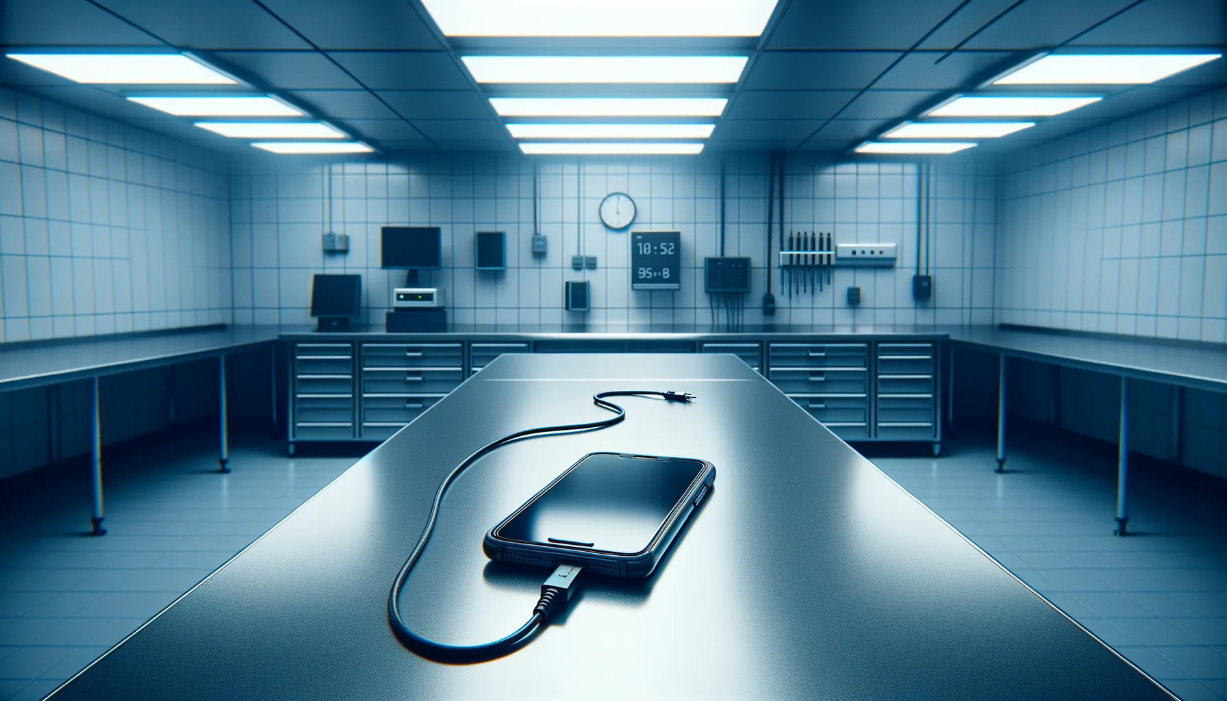 A confiscated smartphone lying on a metal desk in a police station under harsh fluorescent lighting with a forensic cable attached