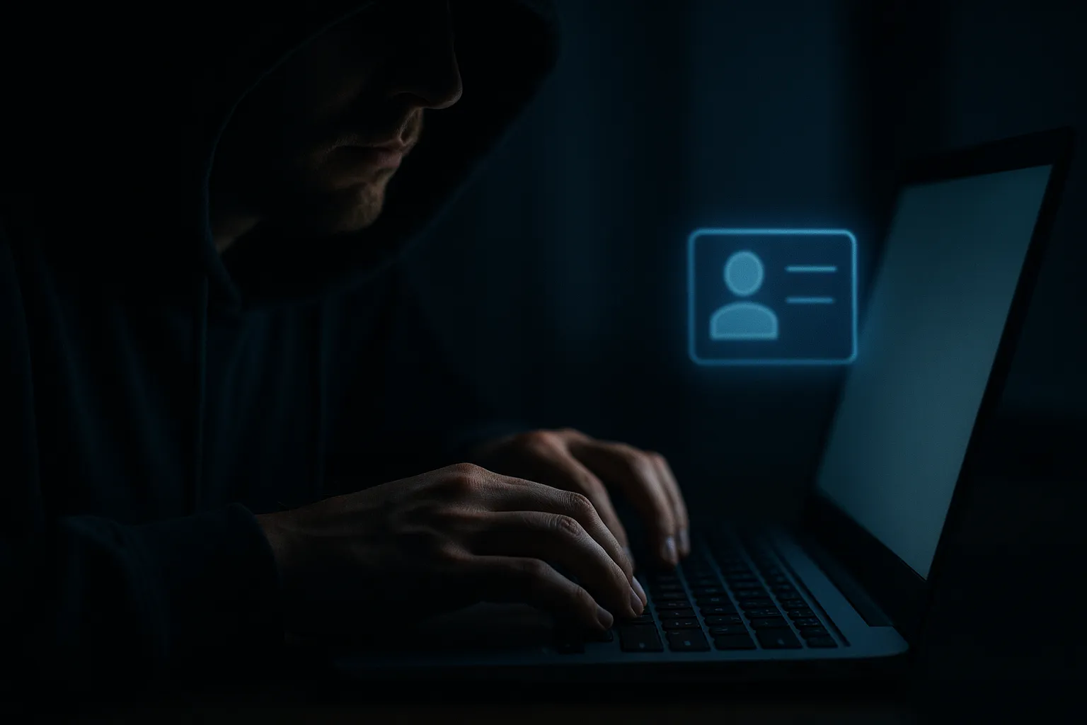 Silhouette of a person typing on a laptop at night with a faint identification card icon overlay, illustrating online age verification and identity data collection