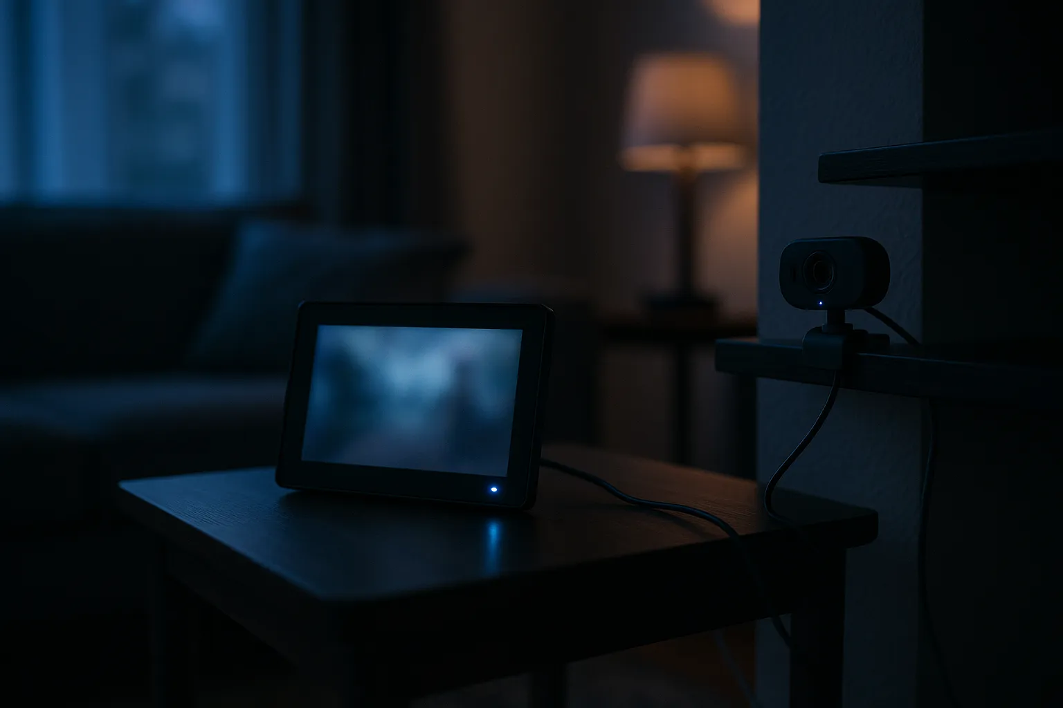 A close up of an internet connected digital photo frame and a small webcam on a side table in a living room, both glowing faintly, representing the consumer IoT devices conscripted into the Kimwolf botnet