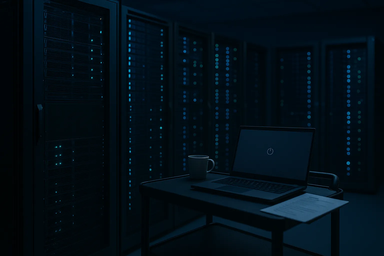 An empty corporate server room at night with one rack powered down and dark while a laptop on a crash cart beside it shows a shutdown screen