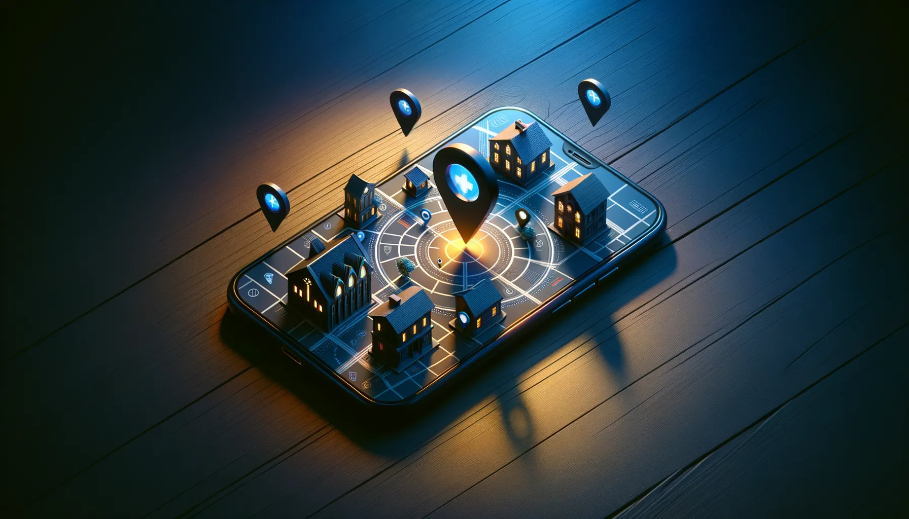 A smartphone lying on a table with a map application showing location pins overlaid on buildings representing health clinics and religious institutions