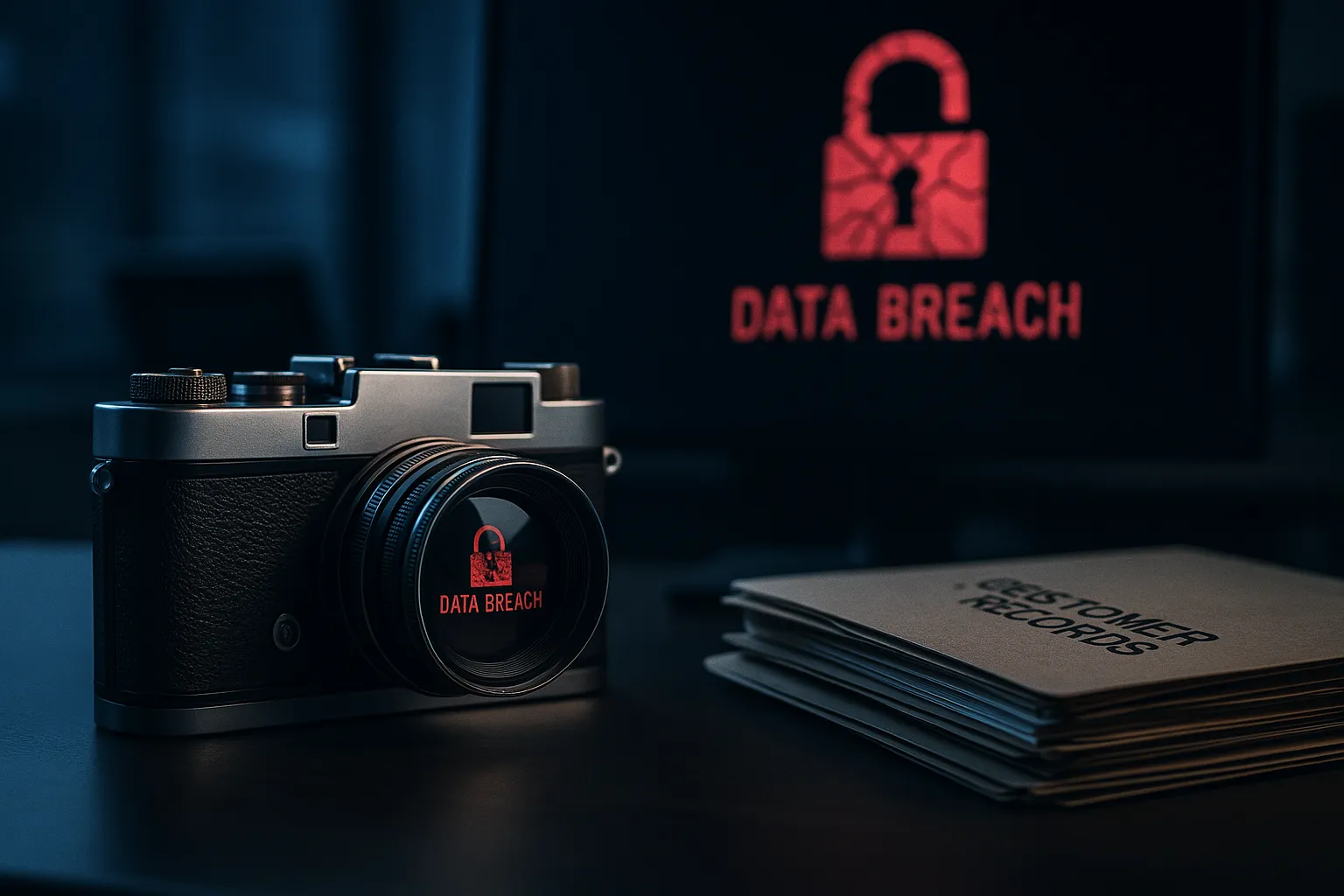 Vintage camera on a corporate office desk with a monitor showing a red data breach alert, customer records files nearby, indigo and blue tones