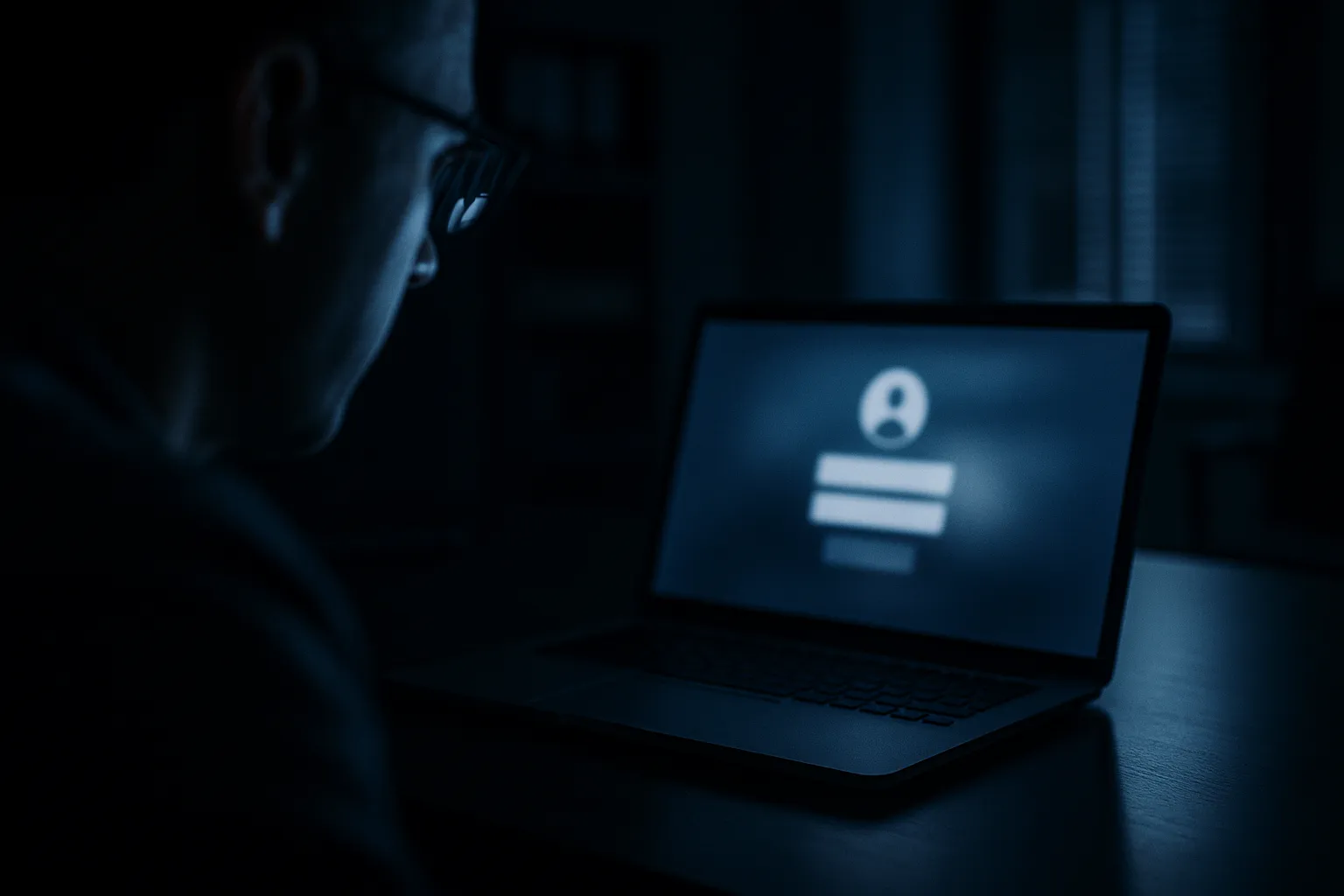 A silhouetted figure at a laptop in a dim office at night, the screen glowing with a blurred abstract login interface, indigo and blue tones