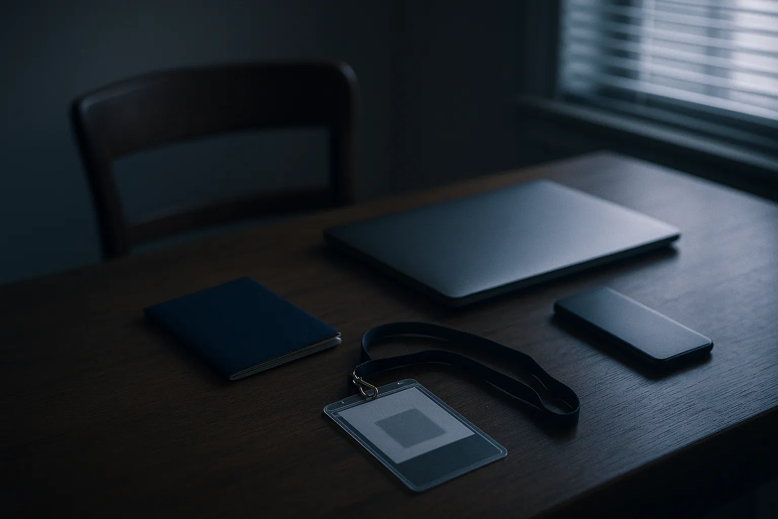 A dim room with an empty chair, a closed laptop, a phone face down and a press credential lying on a wooden desk in low window light