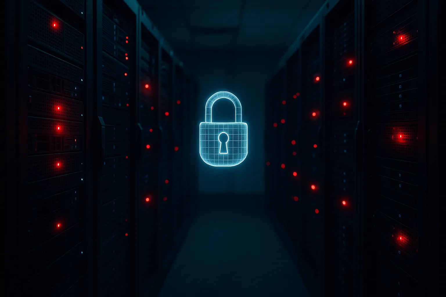 A dimly lit server room with red warning lights on enterprise servers indicating a ransomware breach