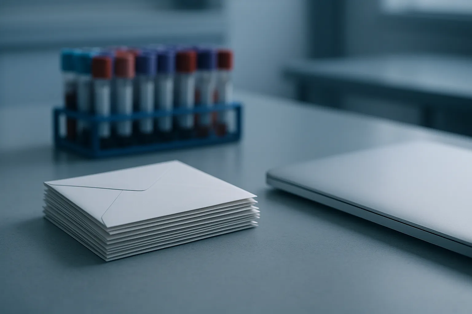 Rack of blood sample tubes behind a stack of sealed envelopes and a closed laptop on a lab counter, illustrating the AMCA debt collector breach behind the Labcorp settlement