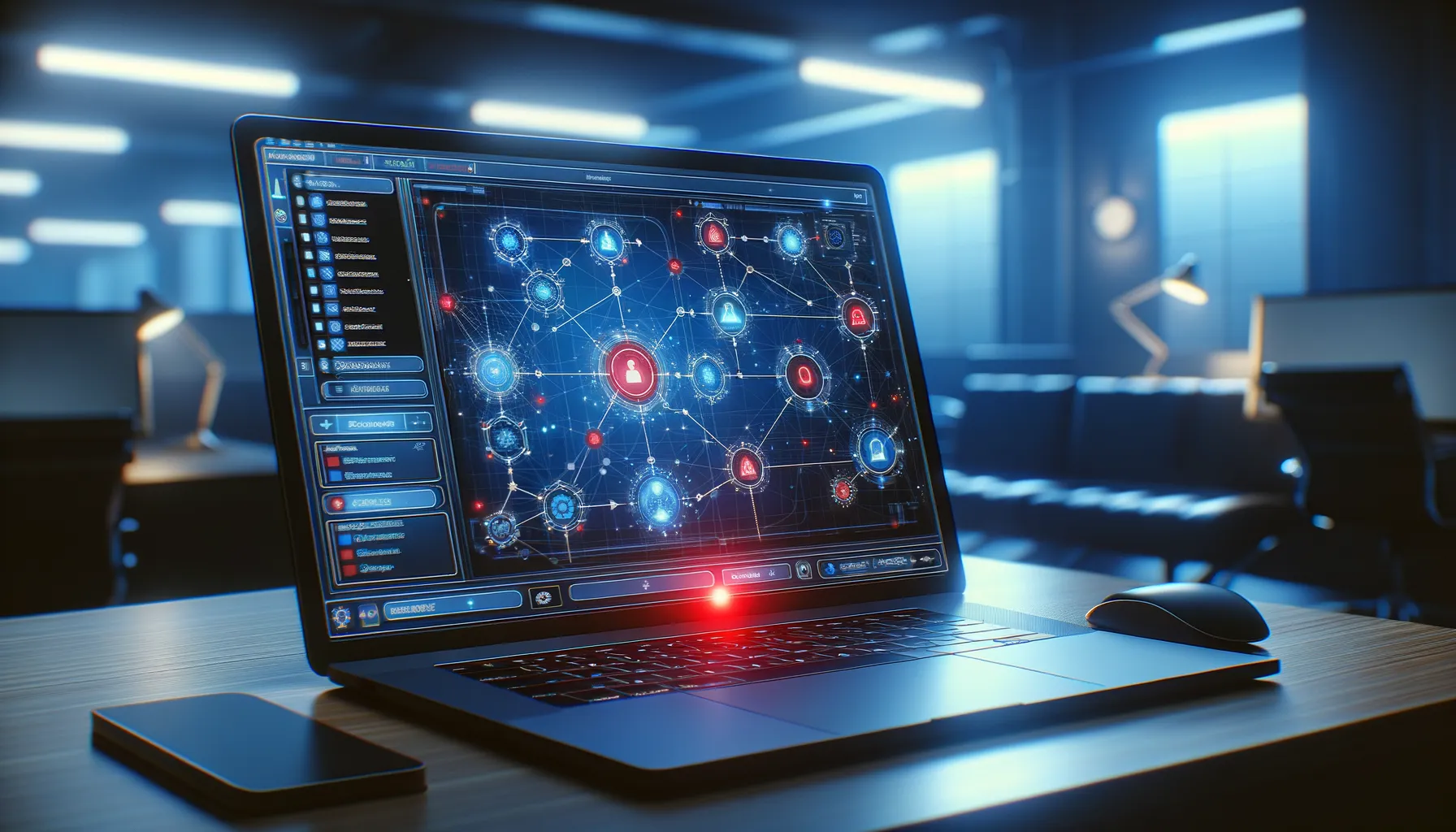 A developer laptop displaying a visual AI workflow builder with connected nodes, one highlighted in red indicating a security vulnerability