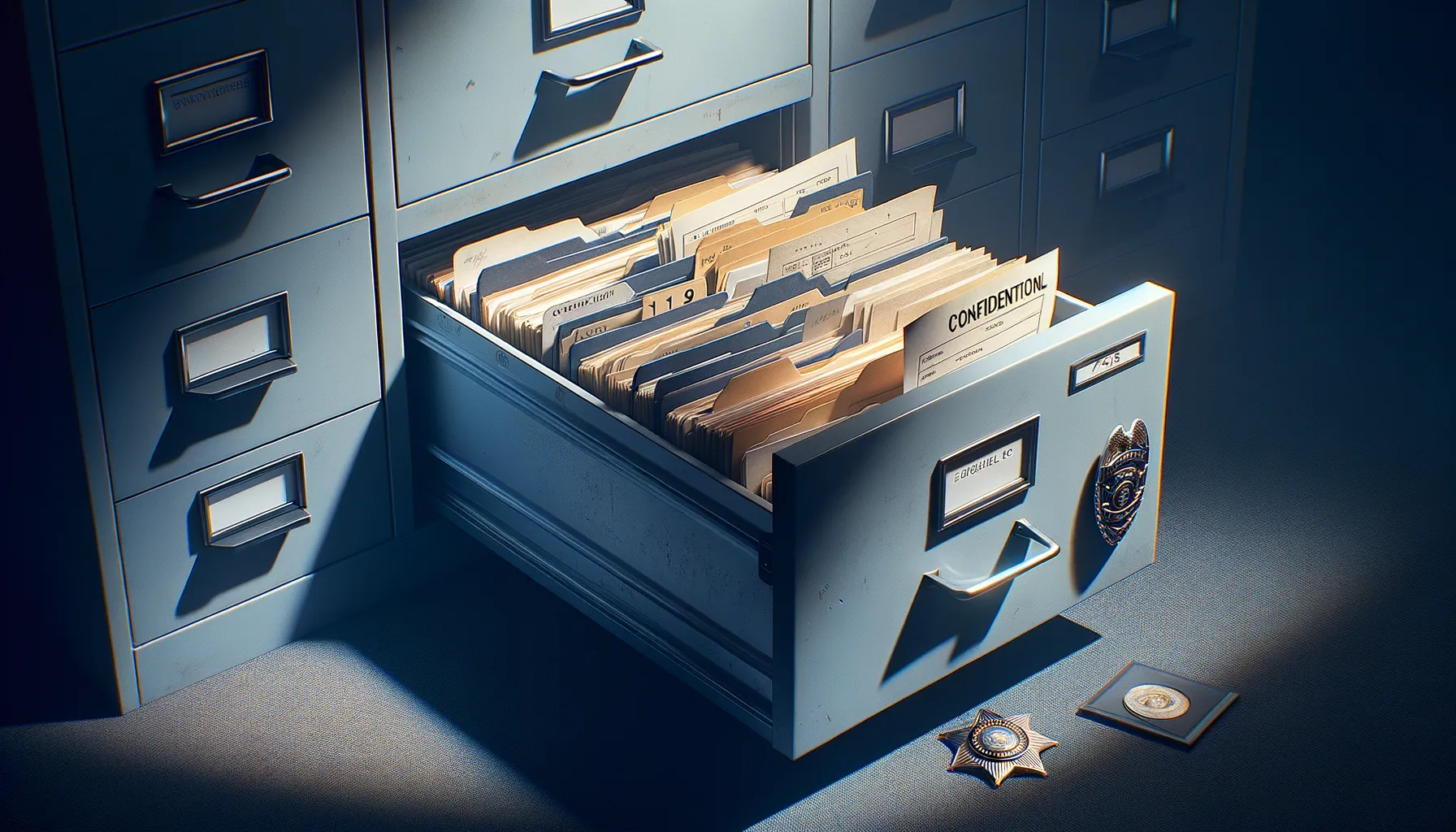 An open filing cabinet drawer with scattered confidential government documents and a law enforcement badge