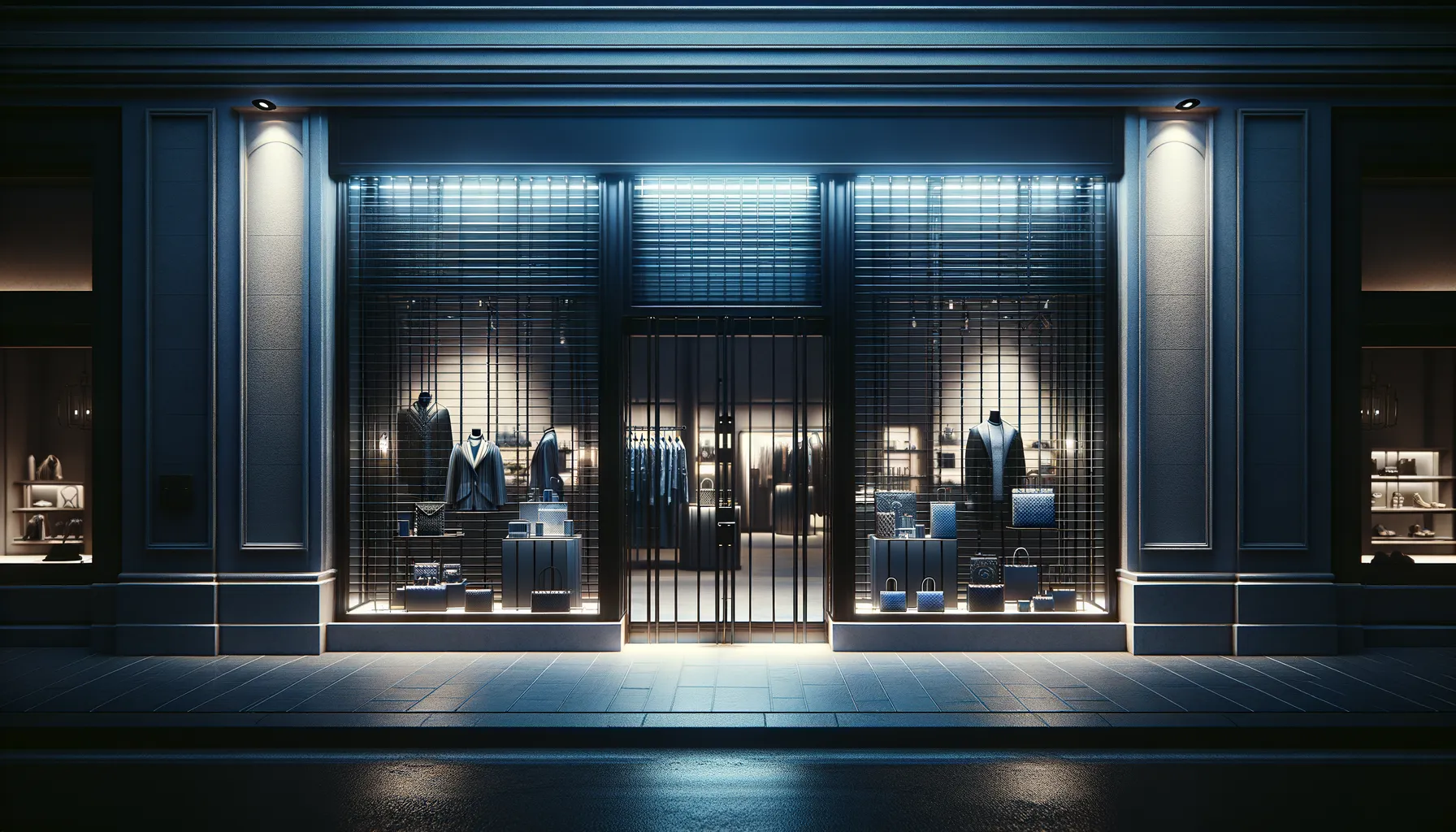 Luxury retail storefront at night with security shutters partially down, suggesting a security breach