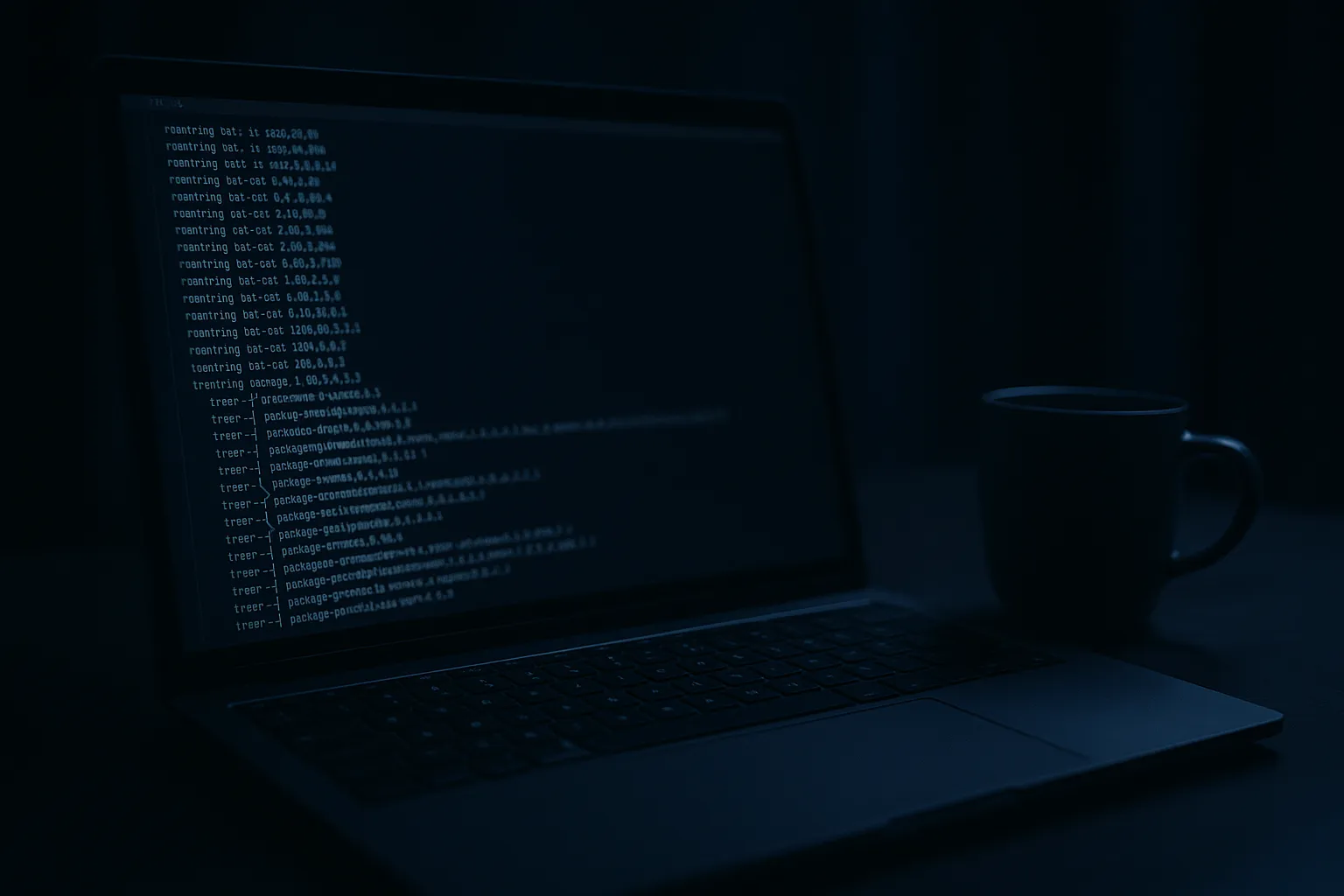 A dim developer workstation with a terminal screen showing rapidly scrolling package dependency trees and git tag updates, representing a Friday night supply chain attack against a Composer ecosystem
