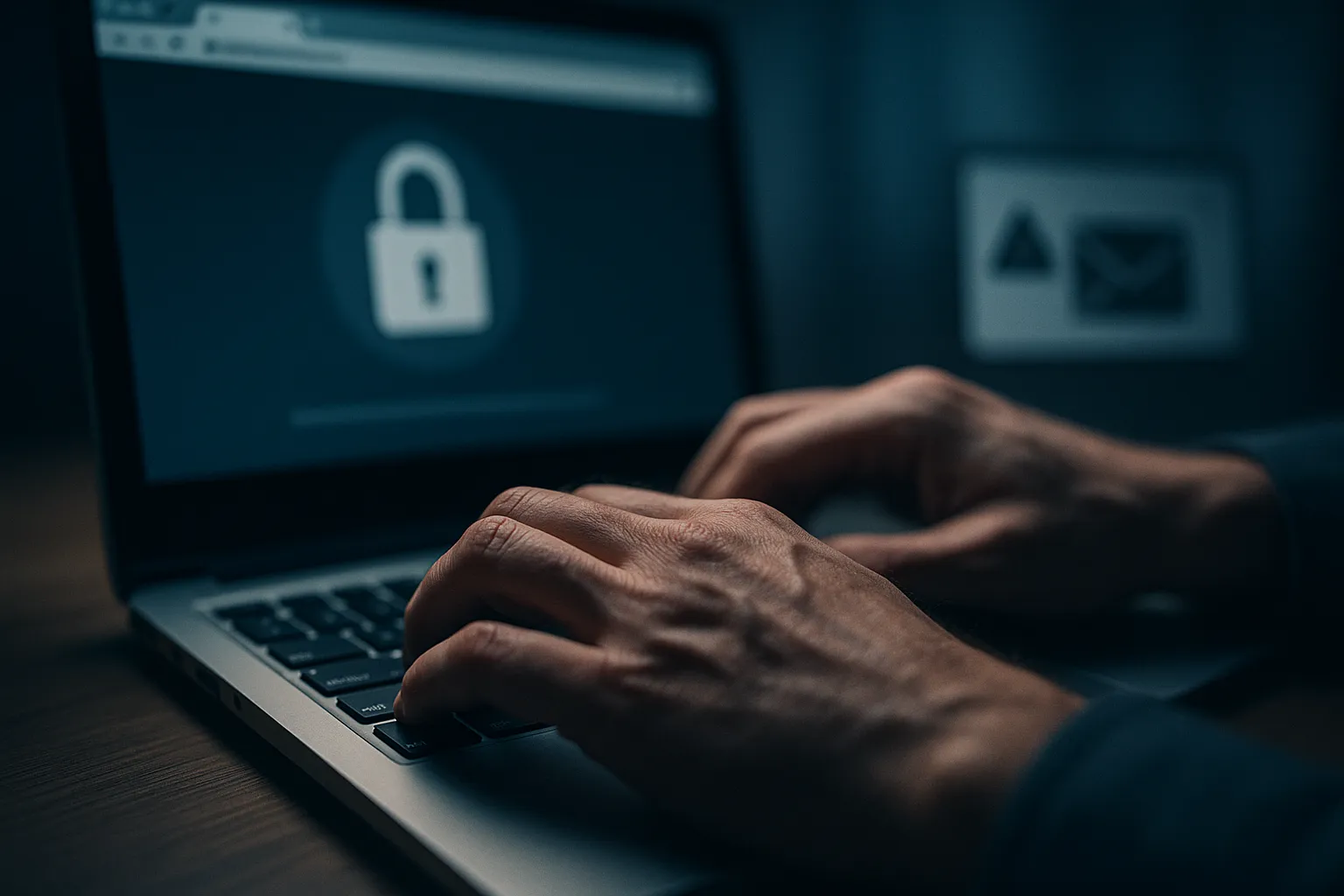 Close up of hands typing on a laptop keyboard with a blurred browser window showing a padlock icon in the background, tense office lighting, representing a phishing email targeting a password manager