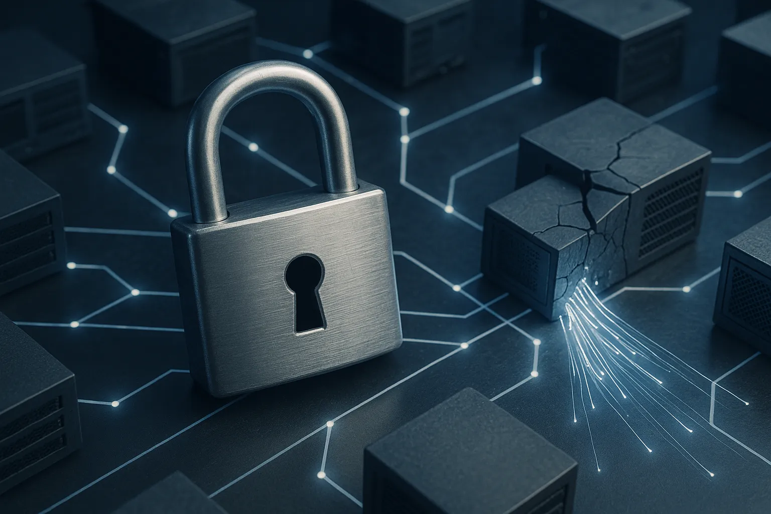 A digital padlock overlaying a fractured supply chain graphic with glowing server nodes and cracked data streams