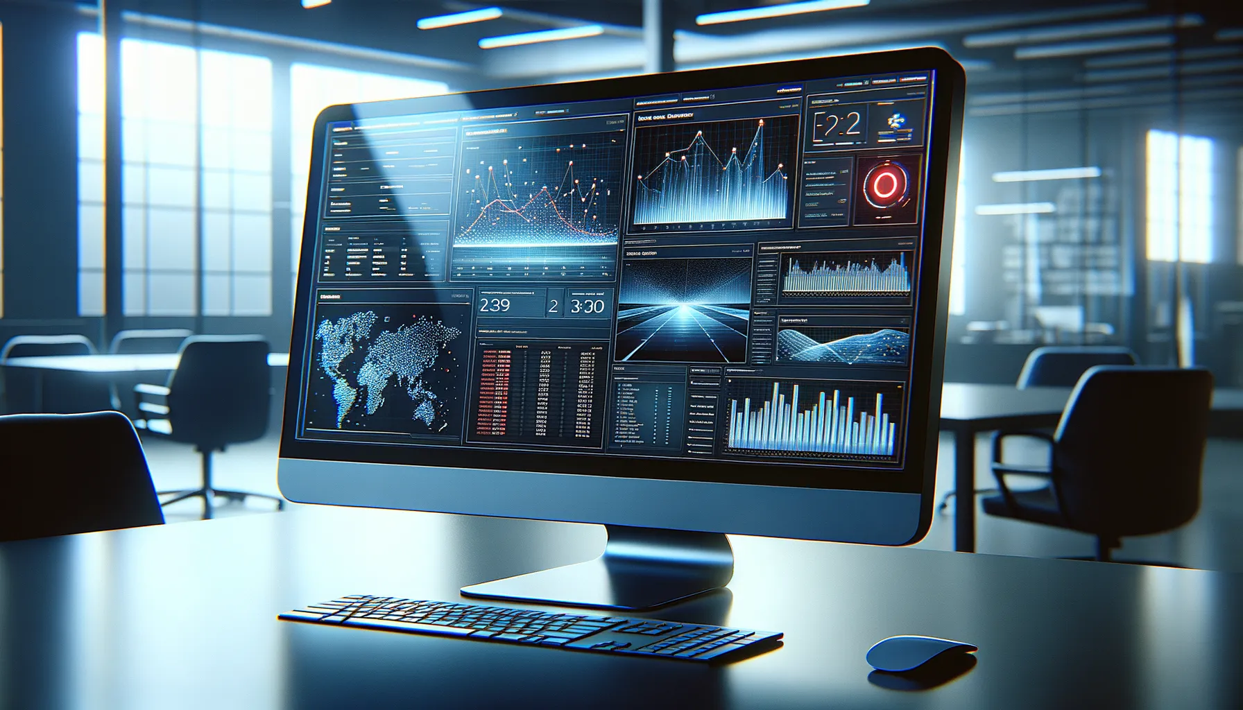 Data analytics dashboard on a monitor displaying a security breach warning over database tables