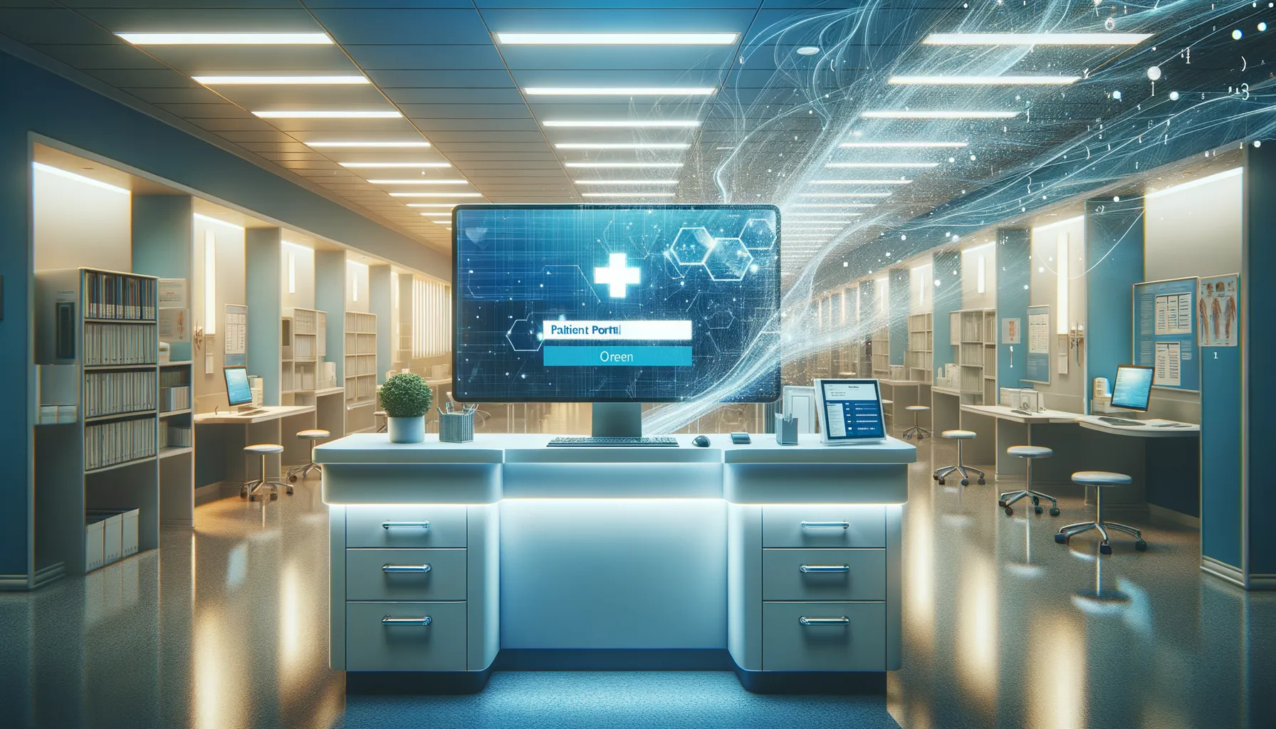 Hospital reception desk with computer showing patient portal login, overlaid with digital data flow lines representing tracking pixel data transmission