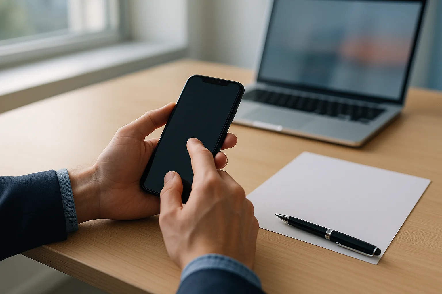 Hands holding a smartphone with a blank screen above a desk with a pen and a blank sheet of paper, a laptop blurred in the background